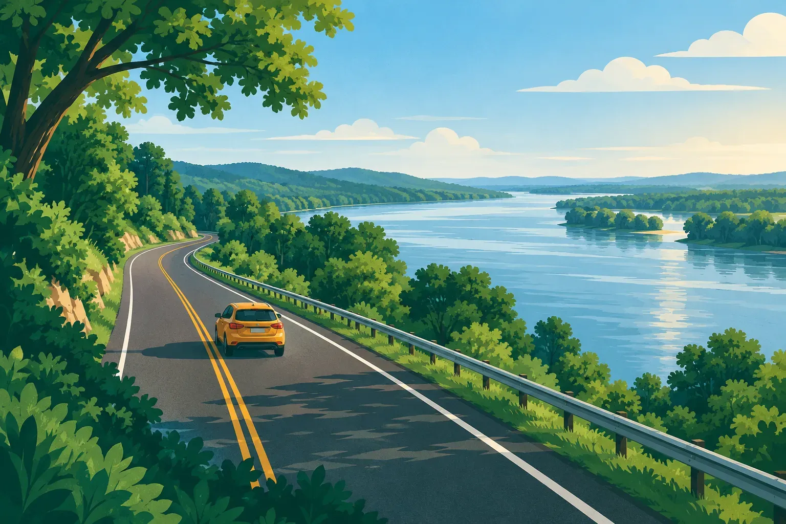 A road beside a wide river with lush green banks, a typical landscape of Mississippi