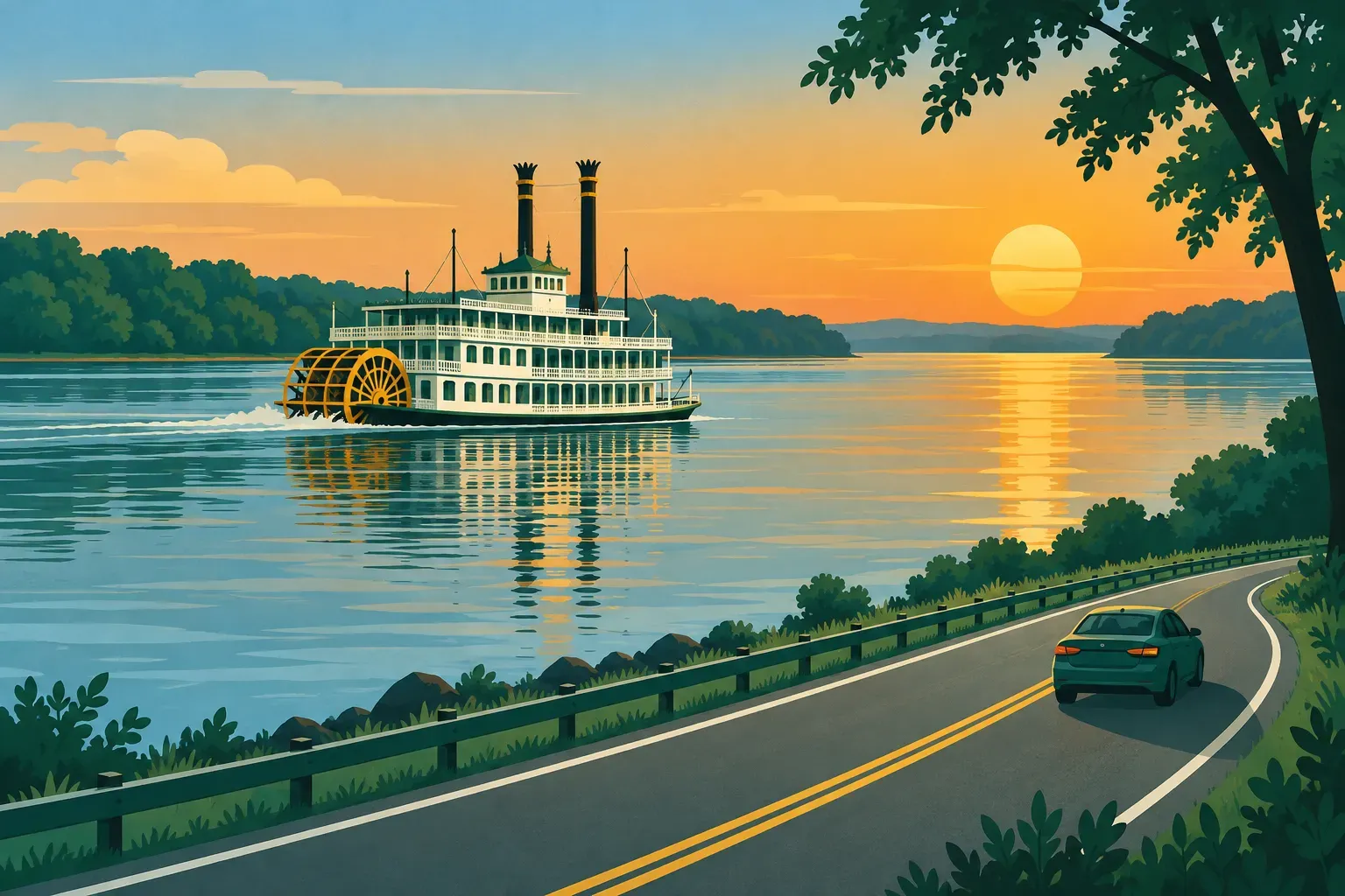 A paddlewheel steamboat on the wide Mississippi River at sunset, in Mississippi